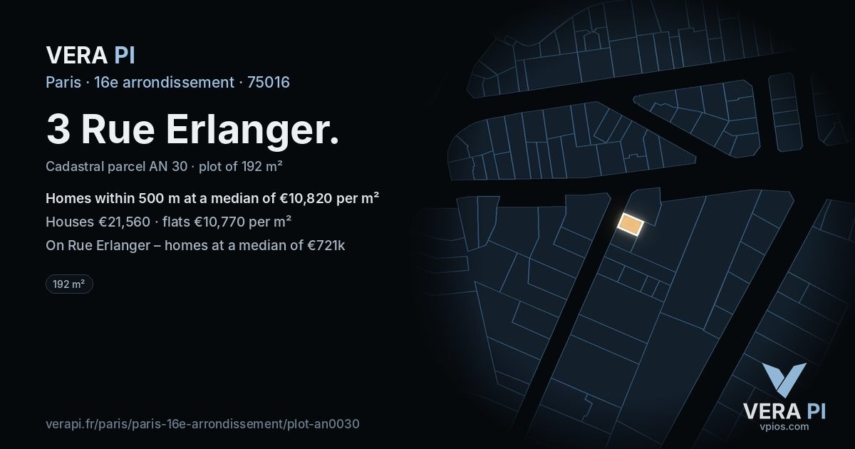 3 Rue Erlanger, 16e arrondissement at night – the plot lit, the parcels around coloured by the prices near them