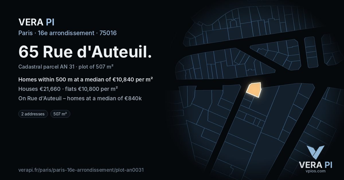 65 Rue d'Auteuil, 16e arrondissement at night – the plot lit, the parcels around coloured by the prices near them
