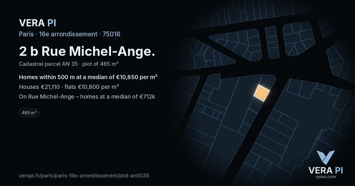 2 b Rue Michel-Ange, 16e arrondissement at night – the plot lit, the parcels around coloured by the prices near them