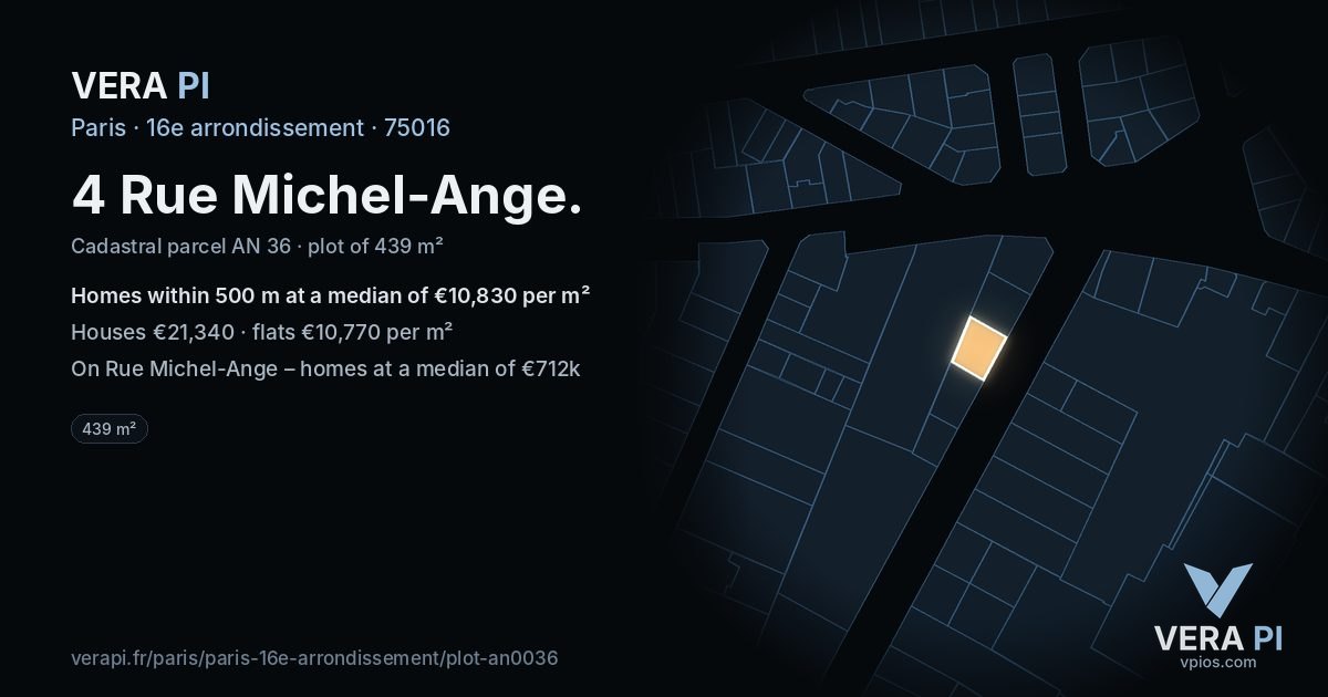 4 Rue Michel-Ange, 16e arrondissement at night – the plot lit, the parcels around coloured by the prices near them