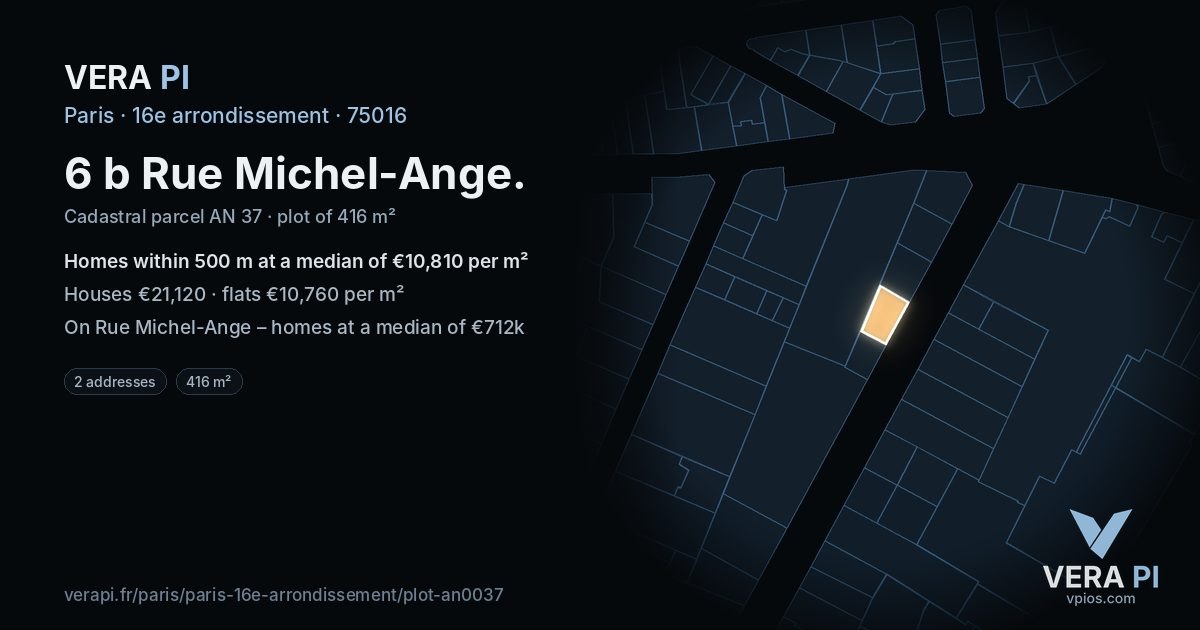 6 b Rue Michel-Ange, 16e arrondissement at night – the plot lit, the parcels around coloured by the prices near them