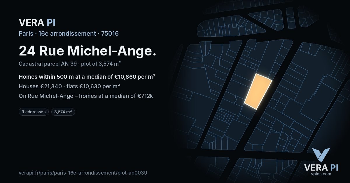 24 Rue Michel-Ange, 16e arrondissement at night – the plot lit, the parcels around coloured by the prices near them