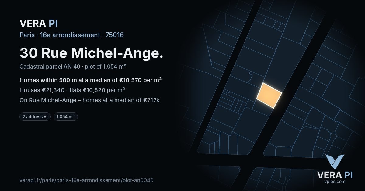 30 Rue Michel-Ange, 16e arrondissement at night – the plot lit, the parcels around coloured by the prices near them