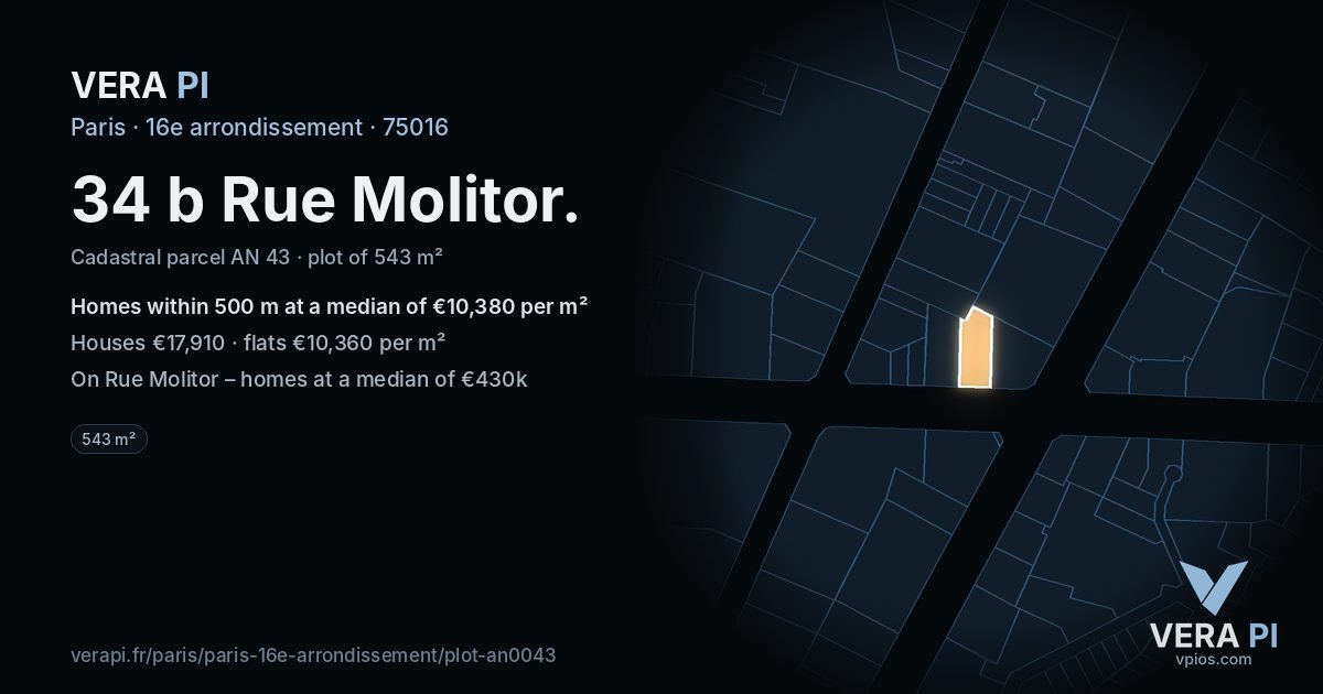 34 b Rue Molitor, 16e arrondissement at night – the plot lit, the parcels around coloured by the prices near them