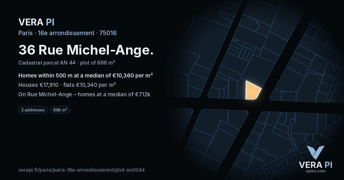 36 Rue Michel-Ange, 16e arrondissement at night – the plot lit, the parcels around coloured by the prices near them