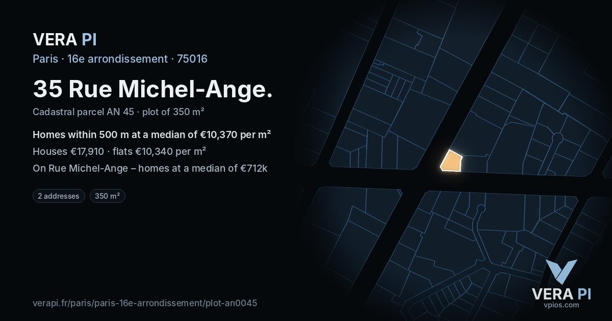 35 Rue Michel-Ange, 16e arrondissement at night – the plot lit, the parcels around coloured by the prices near them