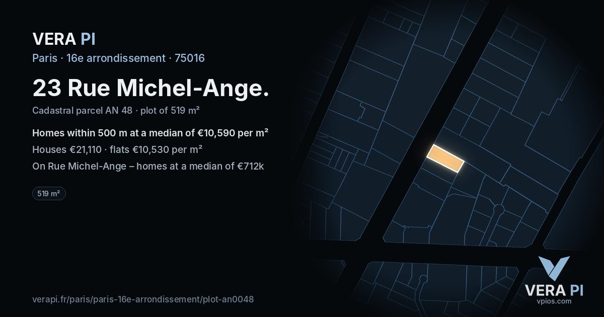 23 Rue Michel-Ange, 16e arrondissement at night – the plot lit, the parcels around coloured by the prices near them