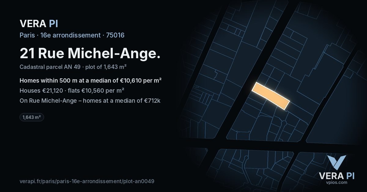 21 Rue Michel-Ange, 16e arrondissement at night – the plot lit, the parcels around coloured by the prices near them