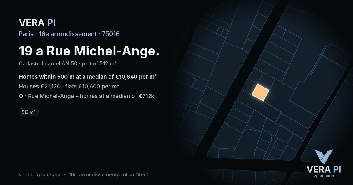 19 a Rue Michel-Ange, 16e arrondissement at night – the plot lit, the parcels around coloured by the prices near them