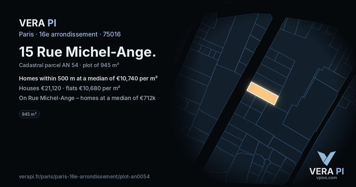15 Rue Michel-Ange, 16e arrondissement at night – the plot lit, the parcels around coloured by the prices near them