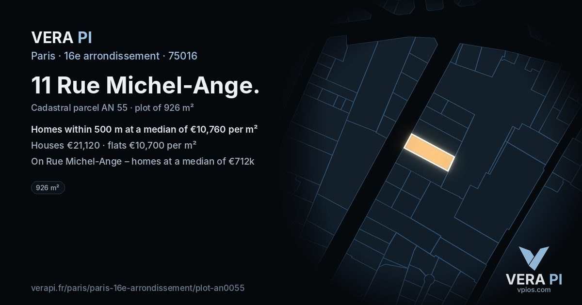 11 Rue Michel-Ange, 16e arrondissement at night – the plot lit, the parcels around coloured by the prices near them