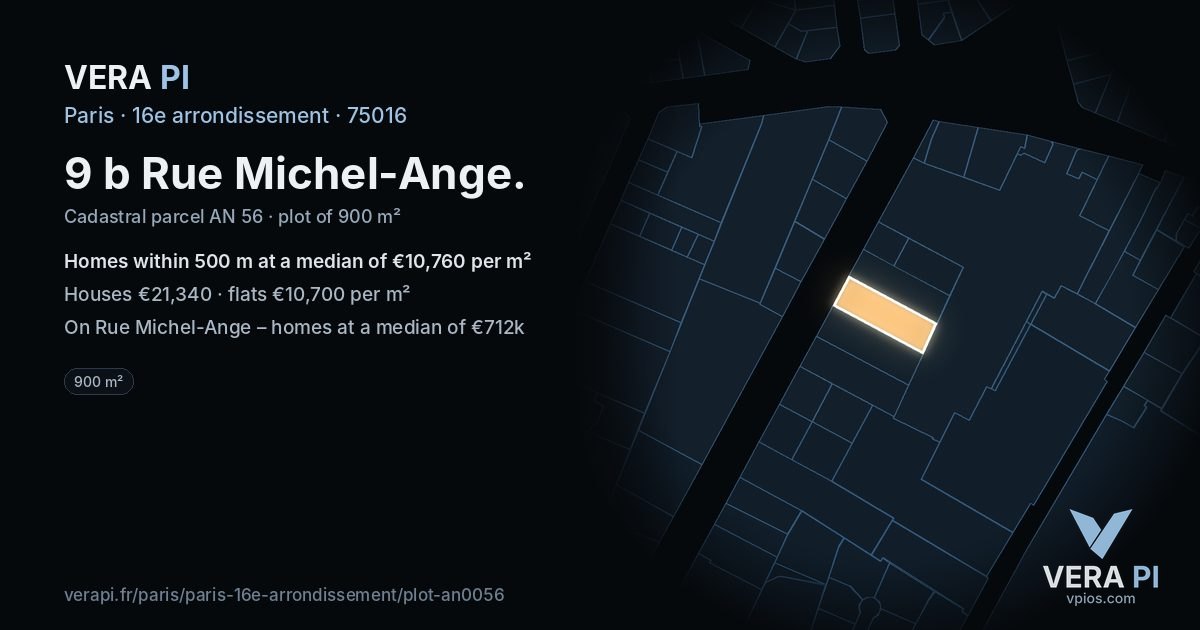 9 b Rue Michel-Ange, 16e arrondissement at night – the plot lit, the parcels around coloured by the prices near them
