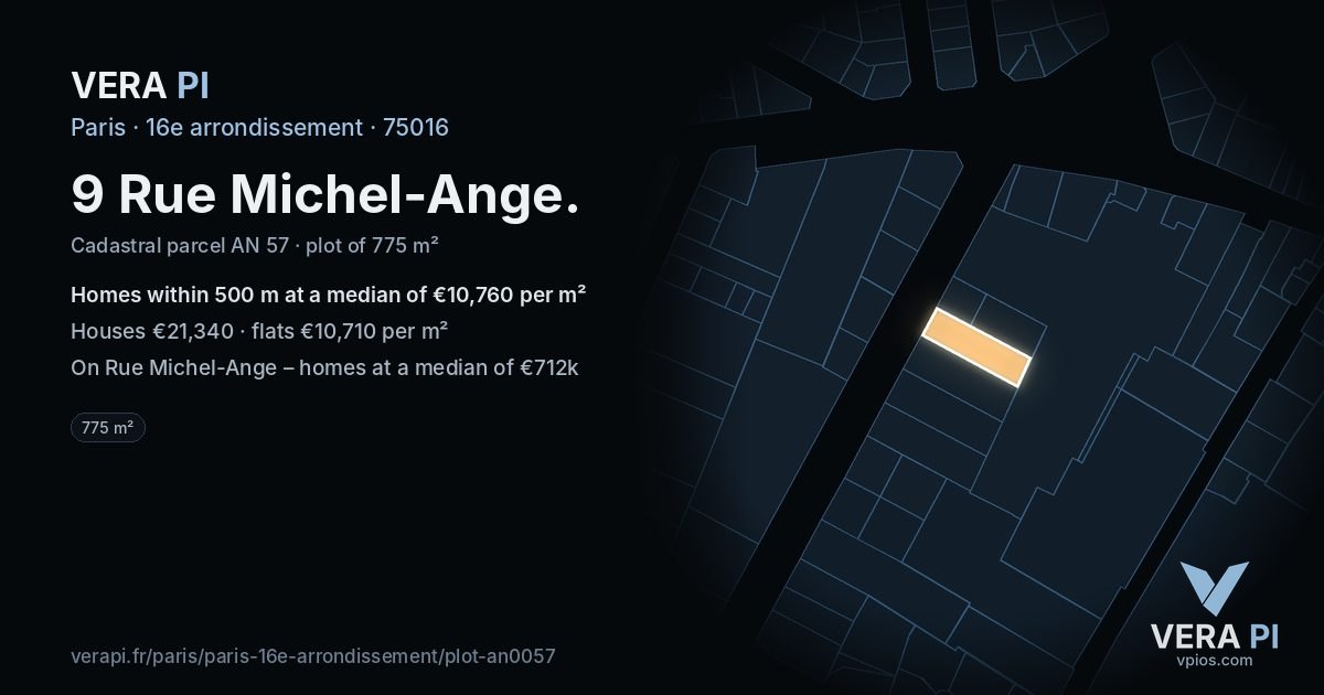 9 Rue Michel-Ange, 16e arrondissement at night – the plot lit, the parcels around coloured by the prices near them