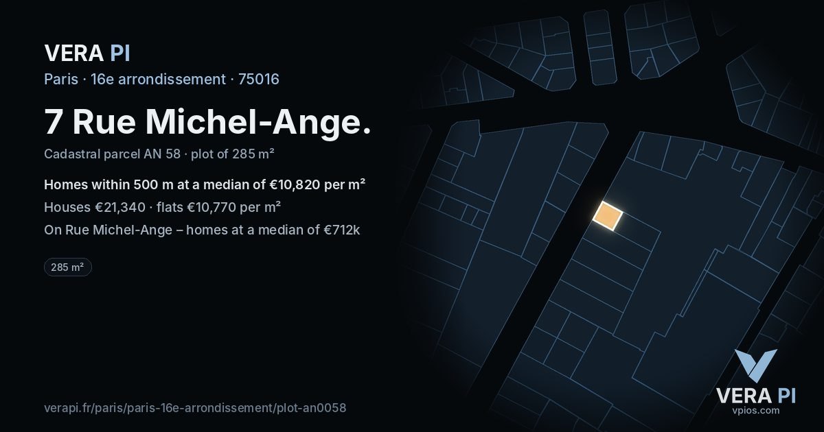 7 Rue Michel-Ange, 16e arrondissement at night – the plot lit, the parcels around coloured by the prices near them