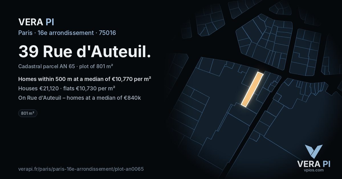39 Rue d'Auteuil, 16e arrondissement at night – the plot lit, the parcels around coloured by the prices near them