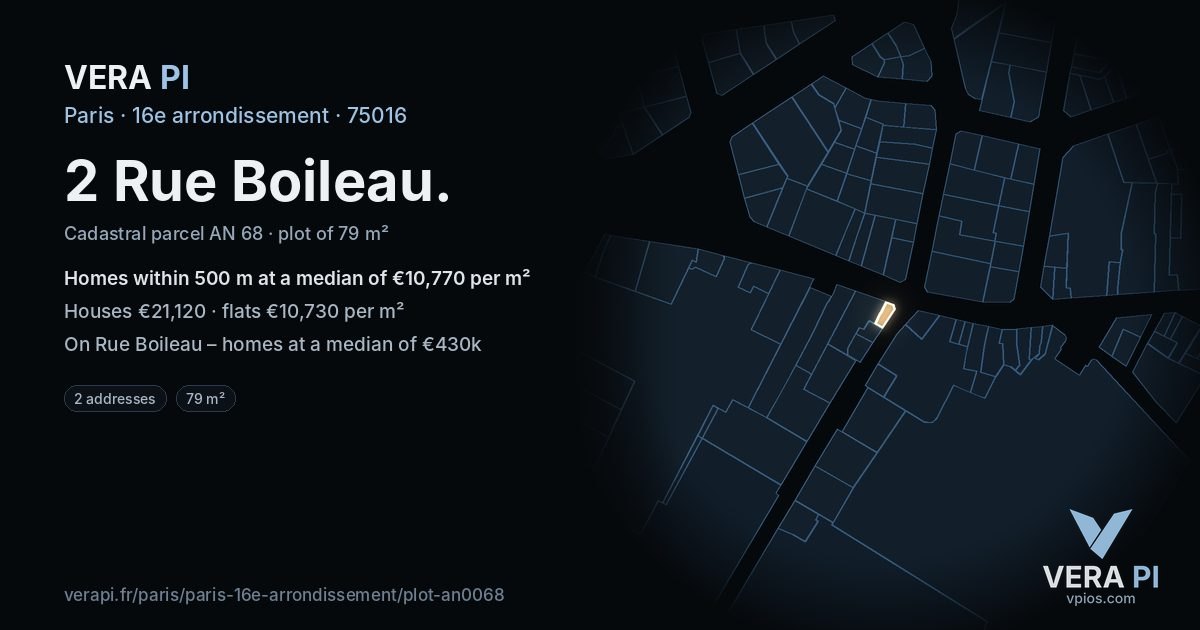 2 Rue Boileau, 16e arrondissement at night – the plot lit, the parcels around coloured by the prices near them