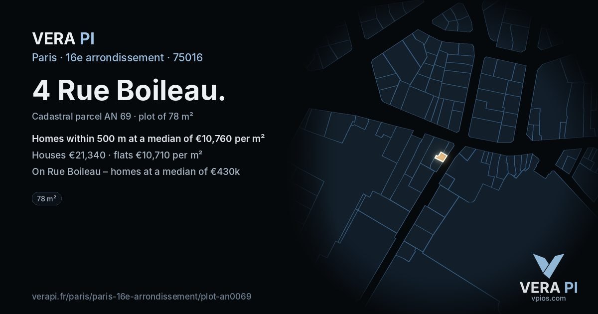4 Rue Boileau, 16e arrondissement at night – the plot lit, the parcels around coloured by the prices near them