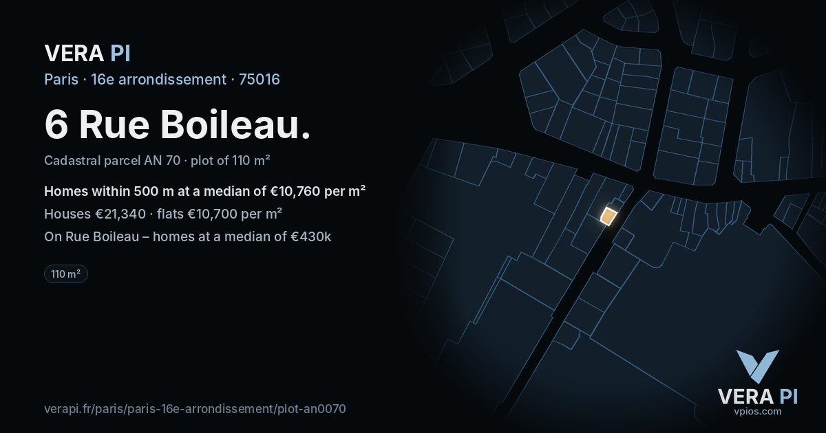 6 Rue Boileau, 16e arrondissement at night – the plot lit, the parcels around coloured by the prices near them