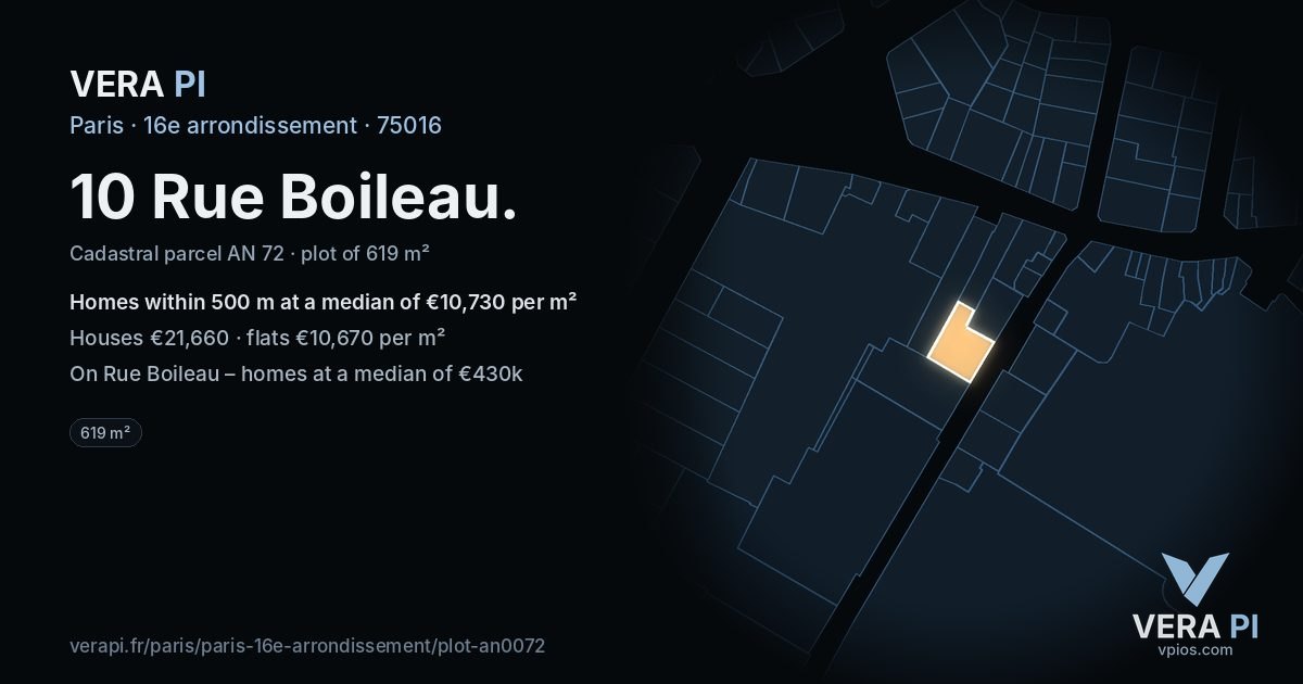 10 Rue Boileau, 16e arrondissement at night – the plot lit, the parcels around coloured by the prices near them