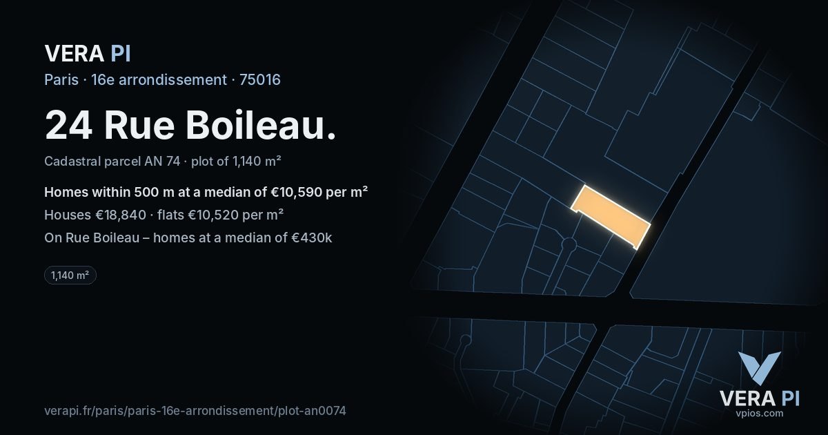 24 Rue Boileau, 16e arrondissement at night – the plot lit, the parcels around coloured by the prices near them