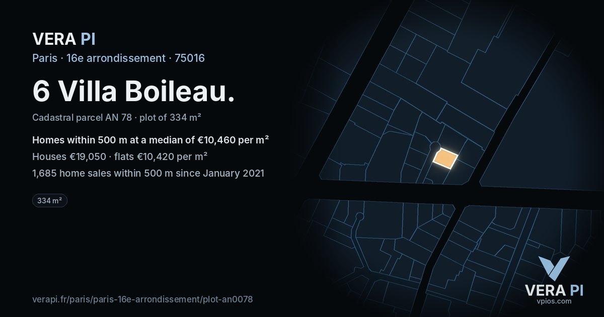 6 Villa Boileau, 16e arrondissement at night – the plot lit, the parcels around coloured by the prices near them