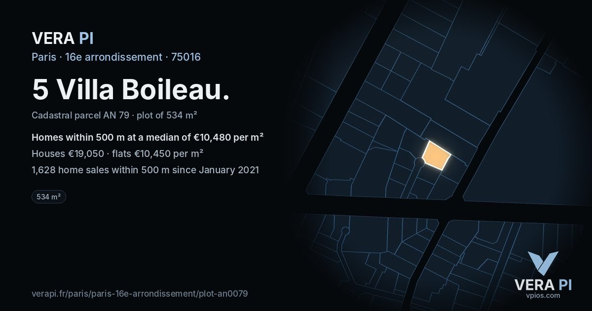 5 Villa Boileau, 16e arrondissement at night – the plot lit, the parcels around coloured by the prices near them