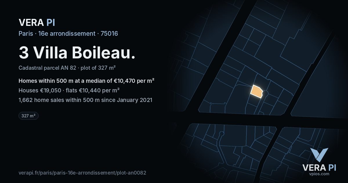 3 Villa Boileau, 16e arrondissement at night – the plot lit, the parcels around coloured by the prices near them