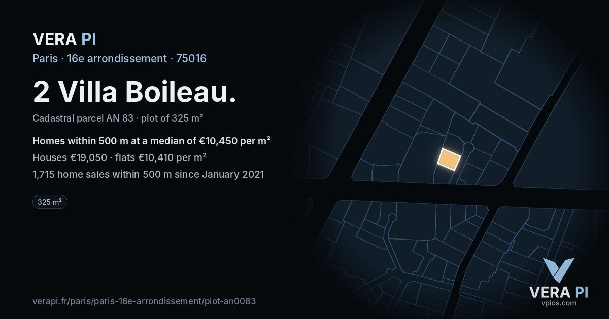 2 Villa Boileau, 16e arrondissement at night – the plot lit, the parcels around coloured by the prices near them