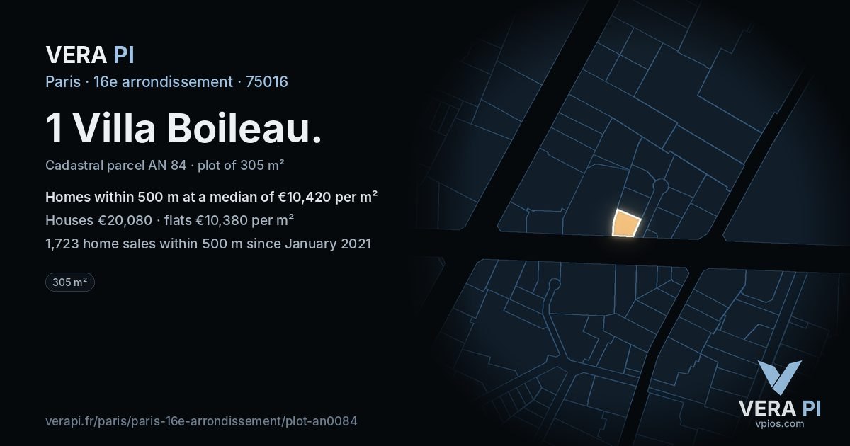 1 Villa Boileau, 16e arrondissement at night – the plot lit, the parcels around coloured by the prices near them