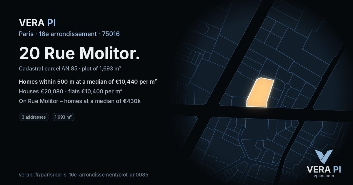 20 Rue Molitor, 16e arrondissement at night – the plot lit, the parcels around coloured by the prices near them