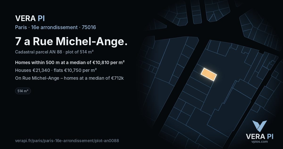 7 a Rue Michel-Ange, 16e arrondissement at night – the plot lit, the parcels around coloured by the prices near them