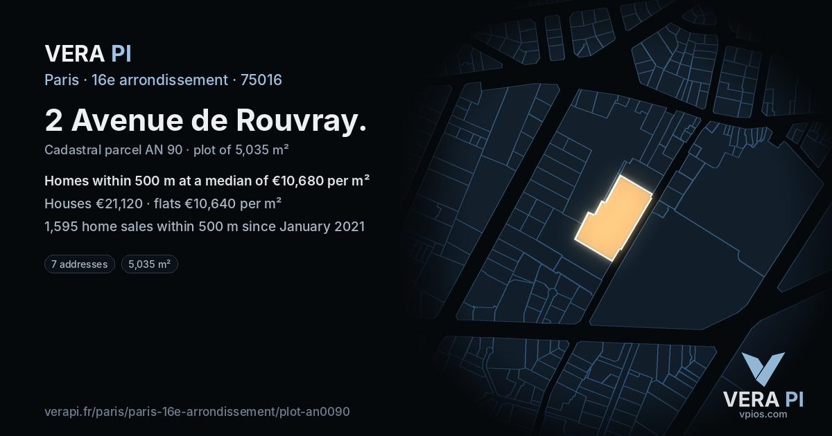 2 Avenue de Rouvray, 16e arrondissement at night – the plot lit, the parcels around coloured by the prices near them