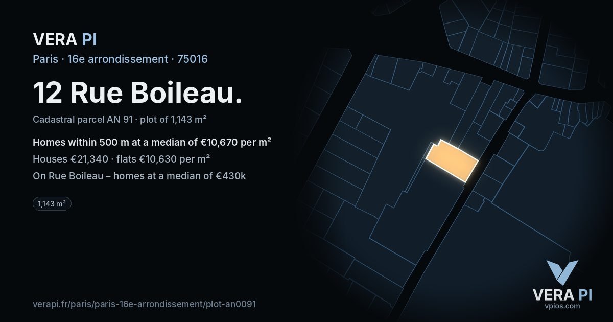 12 Rue Boileau, 16e arrondissement at night – the plot lit, the parcels around coloured by the prices near them