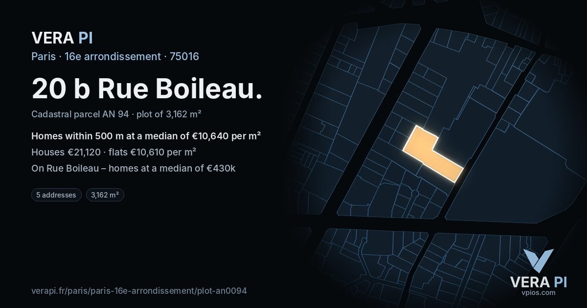 20 b Rue Boileau, 16e arrondissement at night – the plot lit, the parcels around coloured by the prices near them