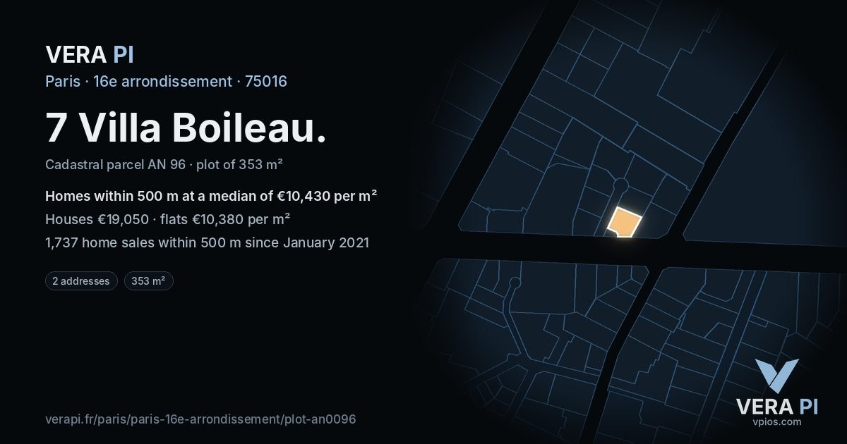 7 Villa Boileau, 16e arrondissement at night – the plot lit, the parcels around coloured by the prices near them