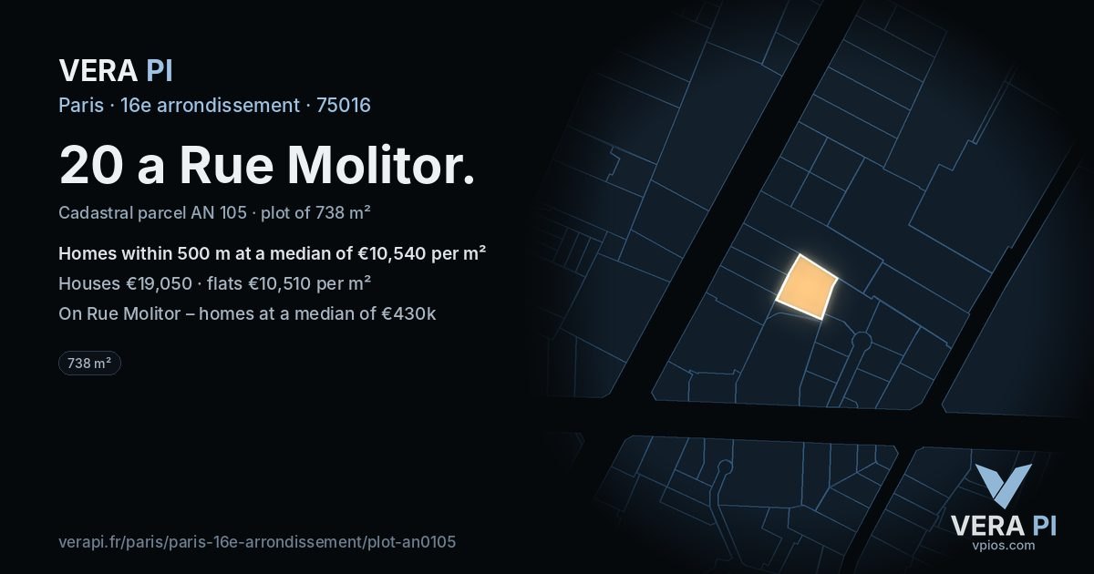 20 a Rue Molitor, 16e arrondissement at night – the plot lit, the parcels around coloured by the prices near them