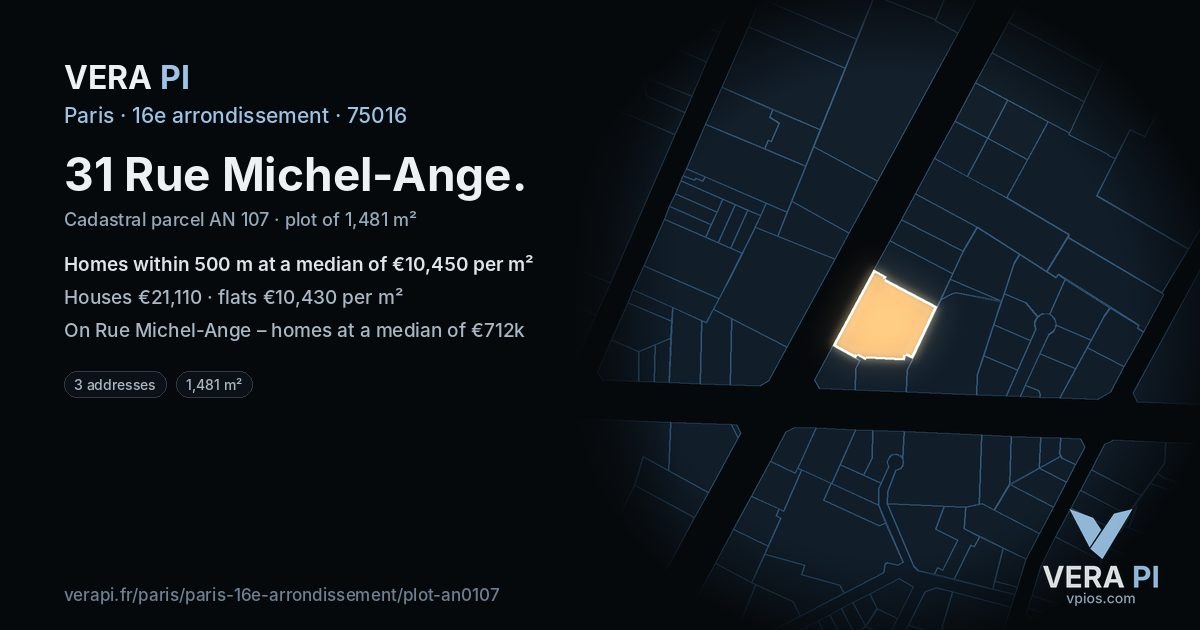 31 Rue Michel-Ange, 16e arrondissement at night – the plot lit, the parcels around coloured by the prices near them