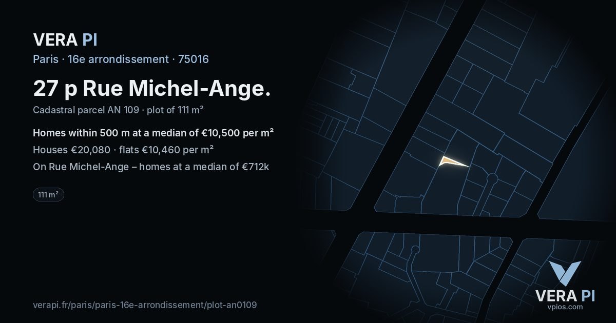 27 p Rue Michel-Ange, 16e arrondissement at night – the plot lit, the parcels around coloured by the prices near them