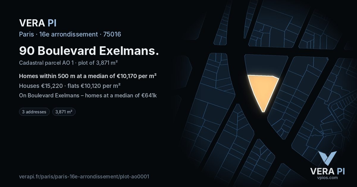 90 Boulevard Exelmans, 16e arrondissement at night – the plot lit, the parcels around coloured by the prices near them