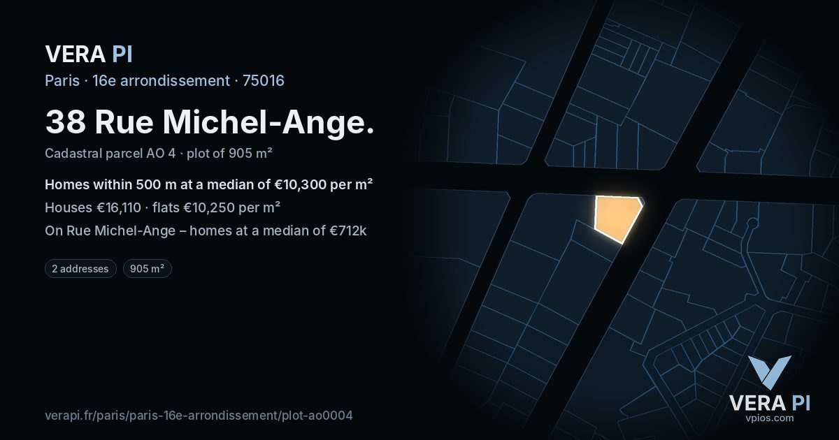 38 Rue Michel-Ange, 16e arrondissement at night – the plot lit, the parcels around coloured by the prices near them