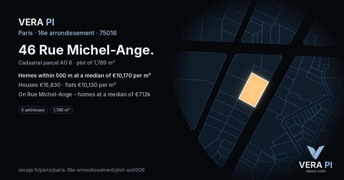 46 Rue Michel-Ange, 16e arrondissement at night – the plot lit, the parcels around coloured by the prices near them