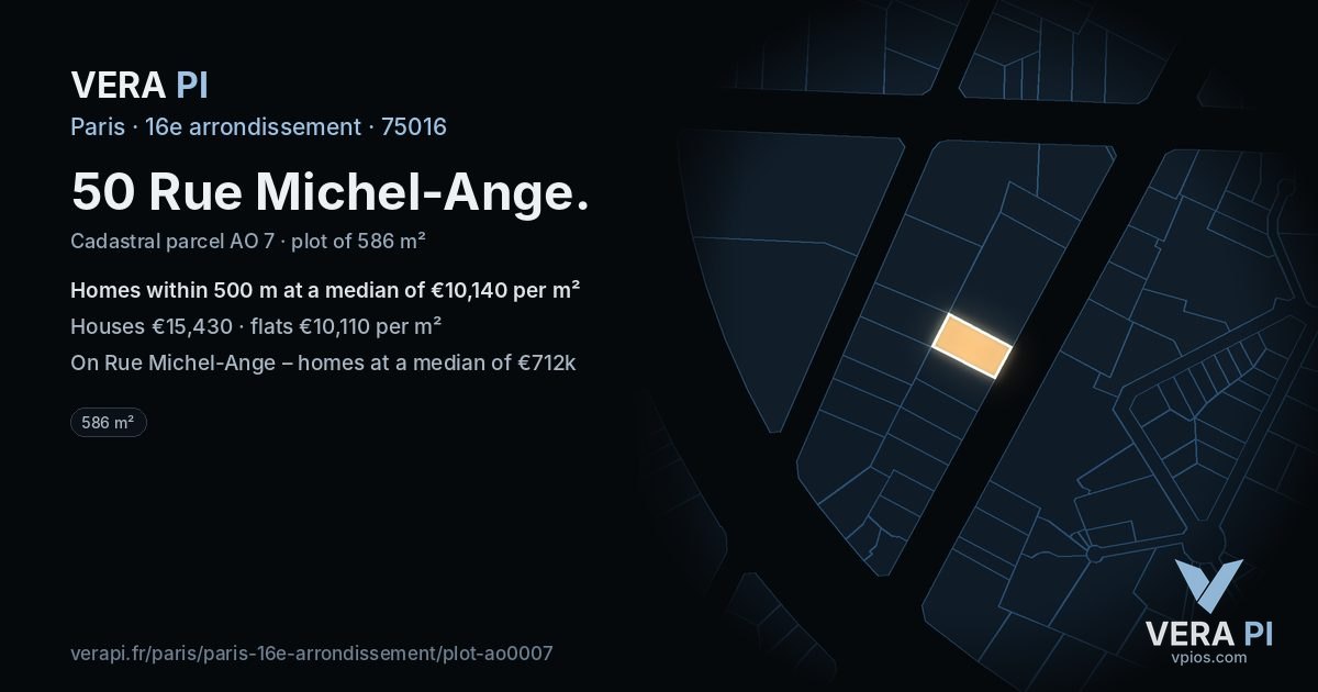 50 Rue Michel-Ange, 16e arrondissement at night – the plot lit, the parcels around coloured by the prices near them