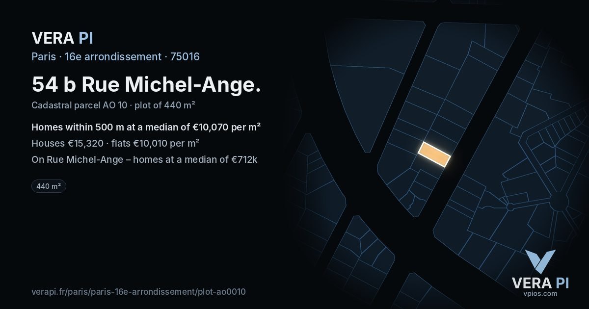 54 b Rue Michel-Ange, 16e arrondissement at night – the plot lit, the parcels around coloured by the prices near them