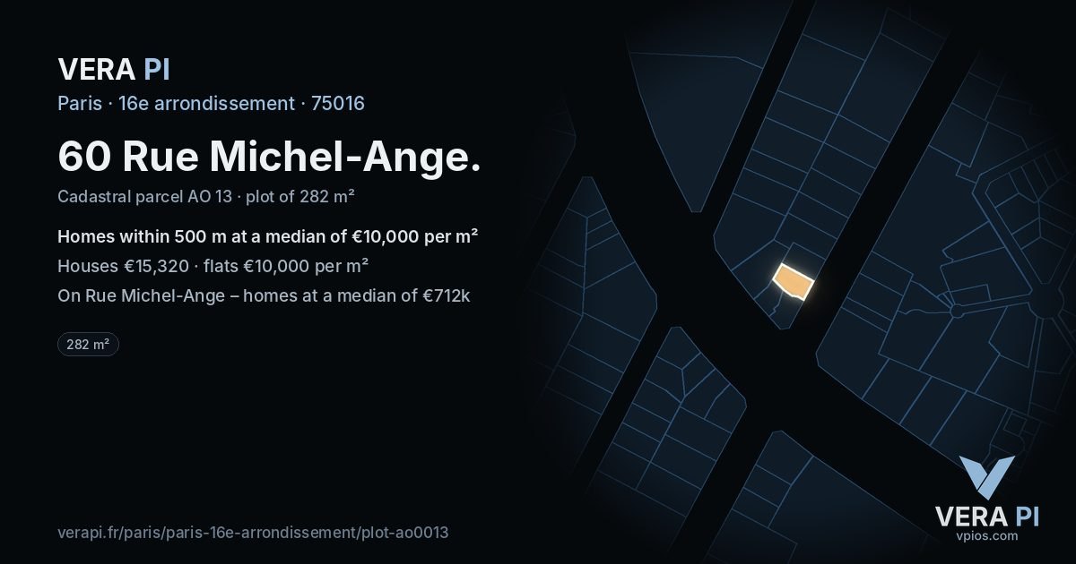 60 Rue Michel-Ange, 16e arrondissement at night – the plot lit, the parcels around coloured by the prices near them