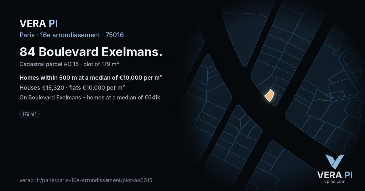 84 Boulevard Exelmans, 16e arrondissement at night – the plot lit, the parcels around coloured by the prices near them