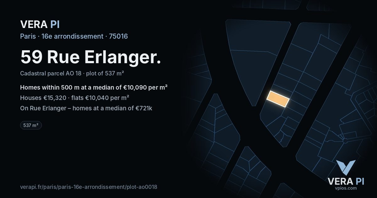 59 Rue Erlanger, 16e arrondissement at night – the plot lit, the parcels around coloured by the prices near them