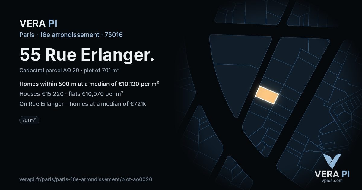55 Rue Erlanger, 16e arrondissement at night – the plot lit, the parcels around coloured by the prices near them