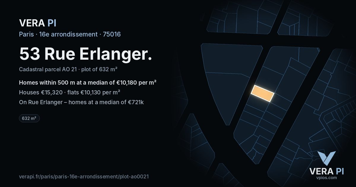 53 Rue Erlanger, 16e arrondissement at night – the plot lit, the parcels around coloured by the prices near them