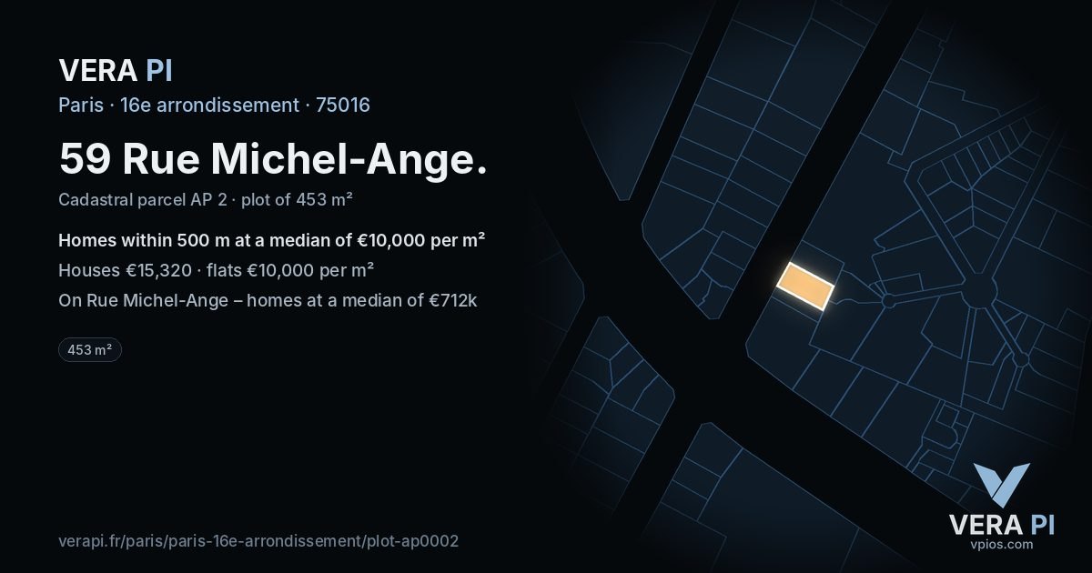 59 Rue Michel-Ange, 16e arrondissement at night – the plot lit, the parcels around coloured by the prices near them