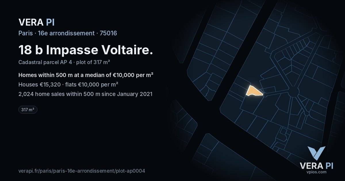 18 b Impasse Voltaire, 16e arrondissement at night – the plot lit, the parcels around coloured by the prices near them